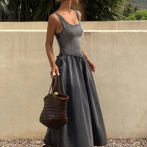 Grey Casual Women's U-Neck Ruffle Trim Cinched Waist Denim A-Line Dress - Picture 4 of 5